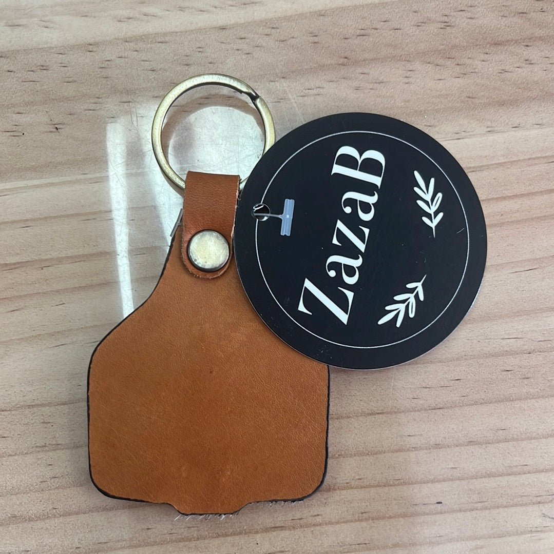 Cattle Tag Cowhide Keyring Tan & White