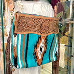 Load image into Gallery viewer, Bag Tooled Brown Turq Saddle Blanket
